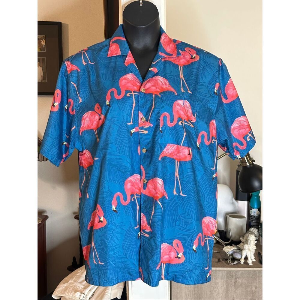 Uzzi Amphibious Gear Men's Blue Pink Hawaiian Flamingo Button Down Shirt Large